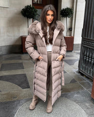 Anastasia Longline Belted Hooded Faux Fur Coat - Taupe
