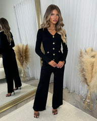 Ivana Ribbed Gold Button Long Sleeve Frill Detail Top & Trouser Set - Black