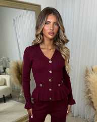 Ivana Ribbed Gold Button Long Sleeve Frill Detail Top & Trouser Set - Wine