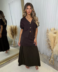 Emery Short Sleeve Top & Frill Detail Skirt - Chocolate