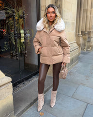 Camille Short Faux Fur Trim Puffer Coat- Camel