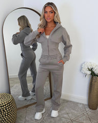 Hayley Corset Design Hooded Zip Jacket with Straight Leg Trousers Set - Dove Grey