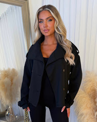 Ava Double Breasted Short Belted Trench Coat - Black