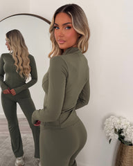Kira Zip-Up Jacket & Flared Leg Gym Set - Khaki