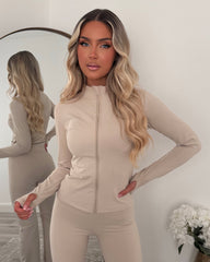 Lexi Fleece Lined Zip Jacket & Flared Trouser Gym Set - Beige
