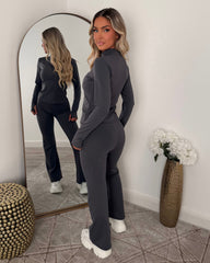 Lexi Fleece Lined Zip Jacket & Flared Trouser Gym Set - Charcoal