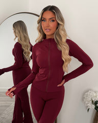 Lexi Fleece Lined Zip Jacket & Flared Trouser Gym Set - Wine