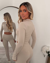 Vexa Cropped Top, Jacket & Leggings Gym Set - Beige