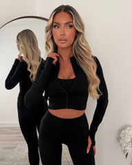 Vexa Cropped Top, Jacket & Leggings Gym Set - Black