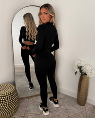 Vexa Cropped Top, Jacket & Leggings Gym Set - Black