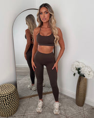 Vexa Cropped Top, Jacket & Leggings Gym Set - Chocolate