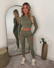 Vexa Cropped Top, Jacket & Leggings Gym Set - Khaki
