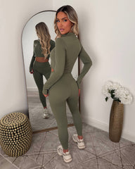 Vexa Cropped Top, Jacket & Leggings Gym Set - Khaki