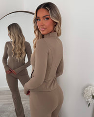 Aria Zip Jacket & Flared Trouser Gym Set - Mocha