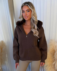 Aspen Faux Fur Hood Cardigan- Chocolate