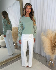 Charlotte Round Neck Jumper with Flower Arm Design - Sage Green