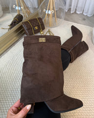 Vera Suede Fold-Over Mid-Calf Heeled Boots - Chocolate