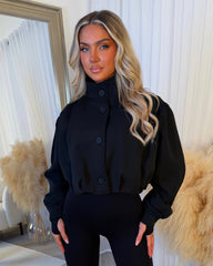 Eliana Short Trench Jacket with Ruched Shoulders - Black