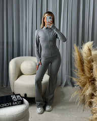 Hope Zip Jacket & Flared Trouser Gym Set - Light Grey