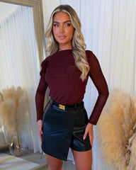 Matilda Slit Neck Flower Detail Sheer Long Sleeve Top - Burgundy