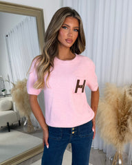 Bella Round Neck 'H' Leather Buckle Detail Knitted Top - Baby Pink