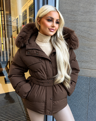 Kelsey Padded Faux Fur Hooded Coat - Chocolate