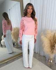 Charlotte Round Neck Jumper with Flower Arm Design - Rose Pink