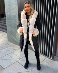Emma Padded Faux Fur Trim Belted Coat - Black/Beige