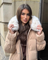 Hallie Padded Coat with Fur Hood  - Camel