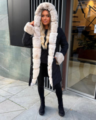 Emma Padded Faux Fur Trim Belted Coat - Black/Beige