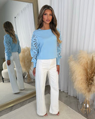 Charlotte Round Neck Jumper with Flower Arm Design - Baby Blue