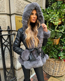 Lillie Belted Fur Hooded Coat - Black/Grey