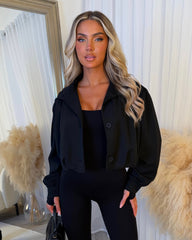 Eliana Short Trench Jacket with Ruched Shoulders - Black