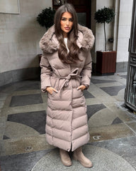 Anastasia Longline Belted Hooded Faux Fur Coat - Taupe