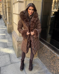 Emma Padded Faux Fur Trim Belted Coat - Chocolate