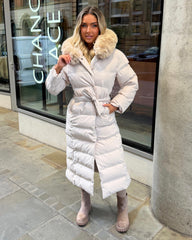 Anastasia Longline Belted Hooded Faux Fur Coat - Beige