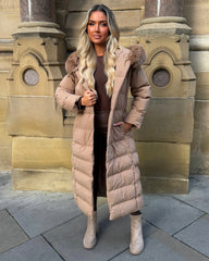 Anastasia Longline Belted Hooded Faux Fur Coat - Camel