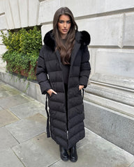 Anastasia Longline Belted Hooded Faux Fur Coat - Black