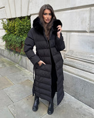 Anastasia Longline Belted Hooded Faux Fur Coat - Black