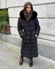 Anastasia Longline Belted Hooded Faux Fur Coat - Black