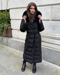 Anastasia Longline Belted Hooded Faux Fur Coat - Black