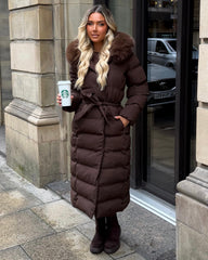 Anastasia Longline Belted Hooded Faux Fur Coat - Chocolate