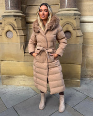 Anastasia Longline Belted Hooded Faux Fur Coat - Camel