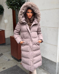 Keke Long Quilted Faux Fur Hood Coat- Taupe