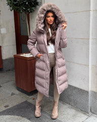 Keke Long Quilted Faux Fur Hood Coat- Taupe