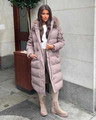 Keke Long Quilted Faux Fur Hood Coat- Taupe