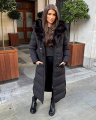 Mia Faux Fur Pull in Waist Long Padded Coat - Black