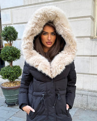 Mia Faux Fur Pull in Waist Long Padded Coat - Black/Beige