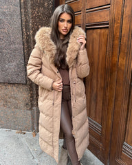 Mia Faux Fur Pull in Waist Long Padded Coat - Camel