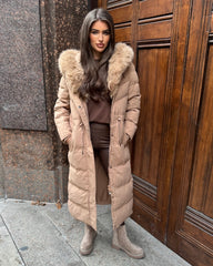 Mia Faux Fur Pull in Waist Long Padded Coat - Camel
